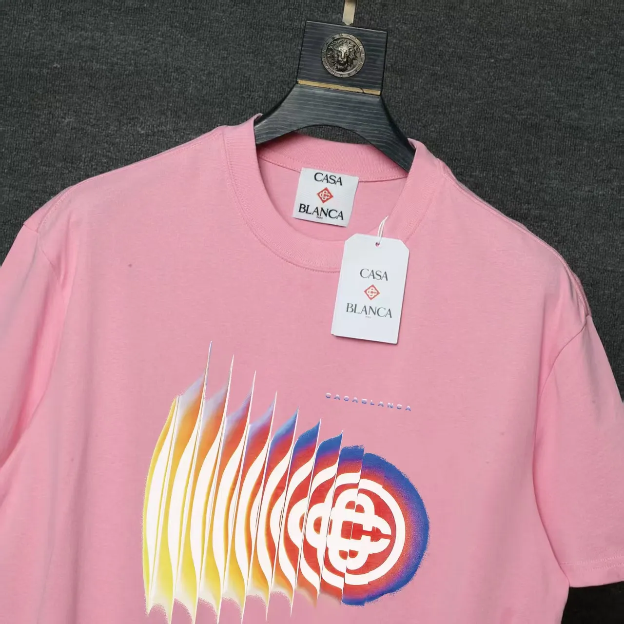 26ss CASABLANCA original printing process short-sleeved T-shirt original development using high-density double yarn pure cotton fabric upper body soft and comfortable color Black White Dark Green color Orange Pink Blue Royal Blue color cigarette powder 8 colors Sizes S M L XL